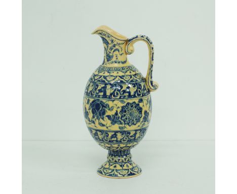 A Turkish ceramic pitcher hand decorated in blue and white, marked Tuna Seramik 1984 Bursa, H29cm.Provenance: Chris Phylactou