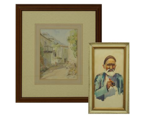 Two watercolours comprising "A Village street", aquarelle, signed C.Thyso Harrison, 35x25cm, glazed and framed 67x57cm and "P