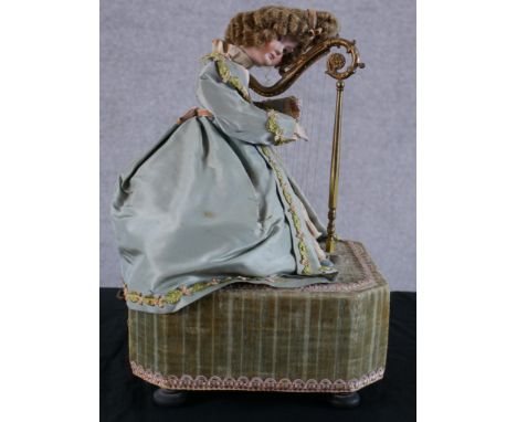 A 20th century Reuge of Switzerland musical automaton in the form of a lady playing the harp raised on velvet covered hexagon