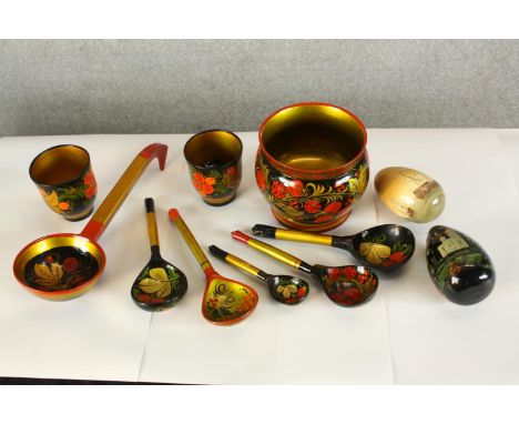 Assorted mid/ late 20th century Russian lacquer items to include spoons, eggs and cache pots together with a small balalaika.