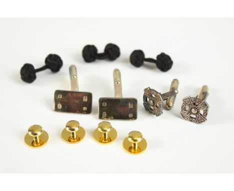A collection of cufflinks, including two pairs of silver cufflinks one in the form of a Celtic crosses. 