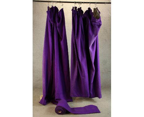 A pair of purple velvet lined curtains. L.250cm. (largest) 