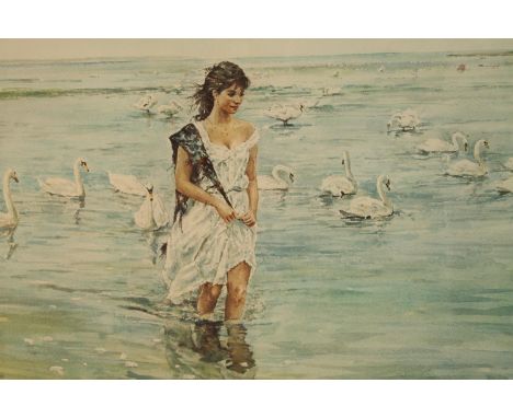 Gordon King, Swan Maiden, framed pencil signed limited edition print, applied certificate verso. H.75 W.86cm. 