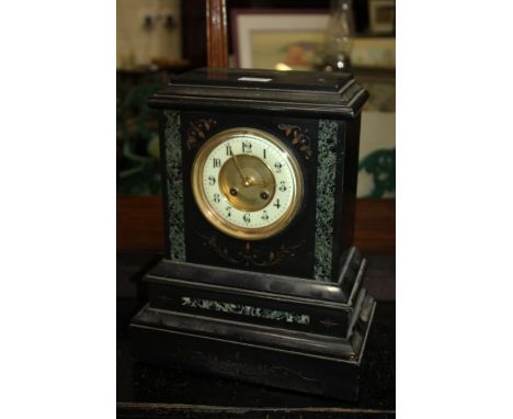 Victorian black slate mantle clock, white ivorine dial with Arabic numerals striking on a gong, 37cm high