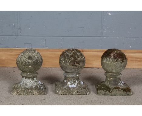 Three gate post finials, in the form of an orb on a plinth, 27cm high&nbsp;