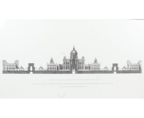 Two reproduction country house architectural prints, framed and glazed, 34cm x 62cm (2)