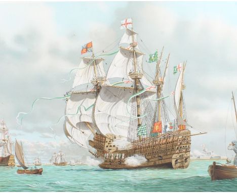After Mark R. Myers (20th century) 'The Mary Rose off Southsea Castle', signed, ltd. edition colour print, framed &amp; glaze