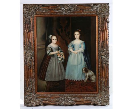 J. Raynolds (18th century style) Portrait of two young girls and a dog, full height, signed (lower-right), oil on canvas, 74c
