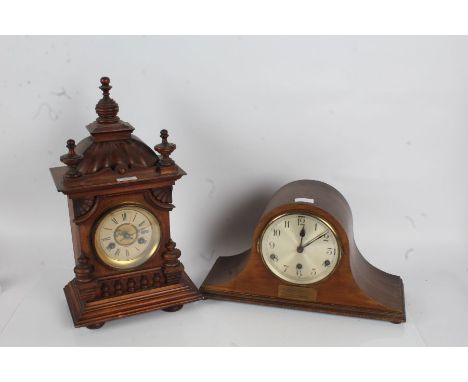 Late Victorian walnut mantle clock, of architectural form, twin train movement, 45cm tall (AF), and a 1930's mantle clock, wi