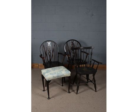 Pair of wheel and stick back chairs together with upholstered foot stool and a another chair (4)
