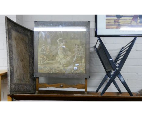 Carved wooden tray, tapestry fire screen and a magazine rack 
