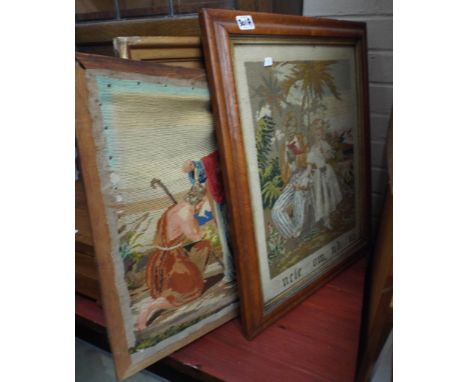 Three 19th century tapestry picture panels to include one in a birds eye maple frame