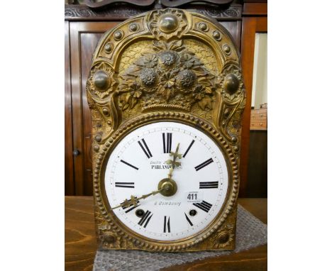 Breton Grandfather clock works with white enamel dial and decorative brass case 
