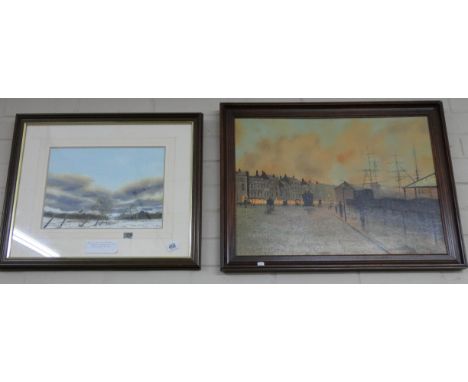 Watercolour of a snowy country scene and a print after Grimshaw 
