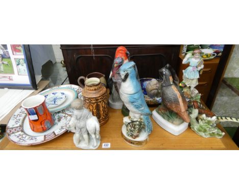 Various bird decanters, meat plate, figure ornament, vases, Poole Pottery etc  