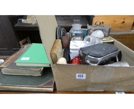 Clocks, pewter trays, books, spot lamp, pair of plated vases and other sundries  