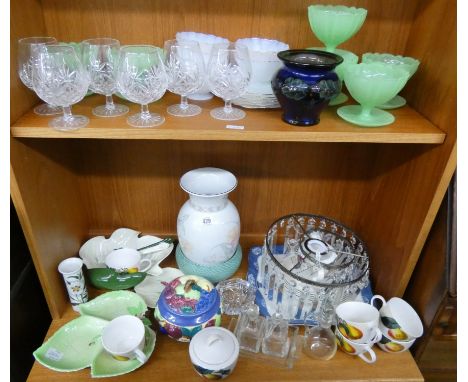 Hanging light fitting, vase, brandy balloons, sundae glasses and various other assorted china etc