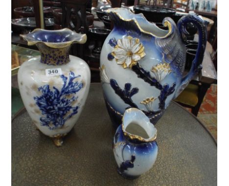 Victorian blue and white shell moulded wash jug, beaker and a Carlton ware vase (as found)