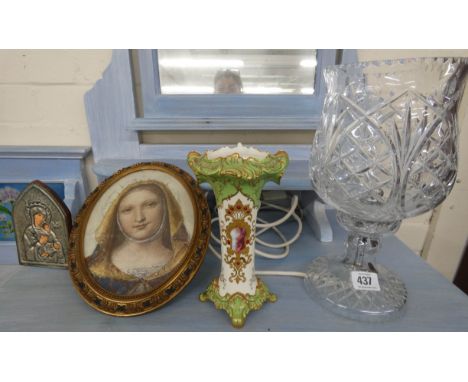 Cut glass table lamp, vase and two small plaques 