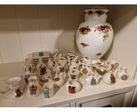 Large Collection of Antique Crested Ware Pottery + a Royal Albert Old Country Roses Lamp Base