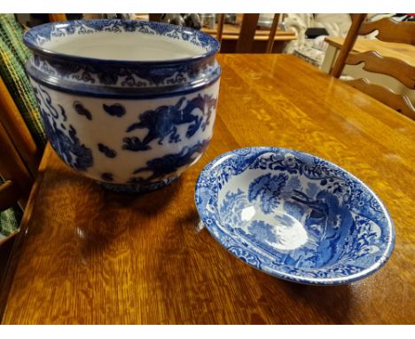 Antique Royal Doulton Oyama Blue &amp; White Planter + a Copeland Spode Bowl (A/F)