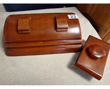 Art Deco Marbled Amber Carvacraft Double Inkwell and Blotter - inkwell width 29cm