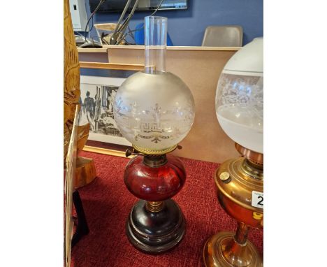 British Made Red Glass Oil Lamp with Glass Shade - H 54cm