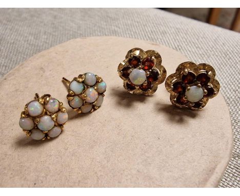 Two Pairs of 9ct Gold, Ruby and Opal Earrings - 4.2g total