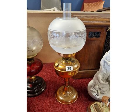 Duplex Copper Oil Lamp with Frosted and Decorated Glass Shade - H 58cm