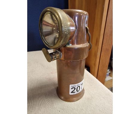 Copper &amp; Brass Antique Miner's Bicycle Lamp - by the CEAG Miner's Supply Co Limited of Barnsley, 16.5cm high