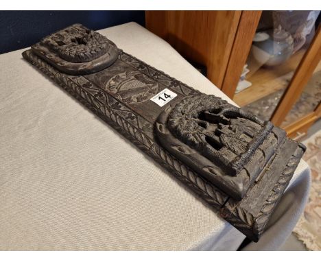 Antique Turn-of-the-Century Irish/Celtic Carved Wooden Book Trough/Bookends - L 50 to 76cm, possible Black Forest influence