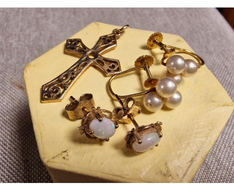9ct Gold Crucifix + Two Pairs of Pearl and Opal 9ct Gold  - 3.8g total