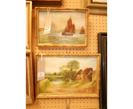 T. RATHBONE two Edwardian oil on canvas paintings; one seascape with ships and one cottage landscape with figure, both signed