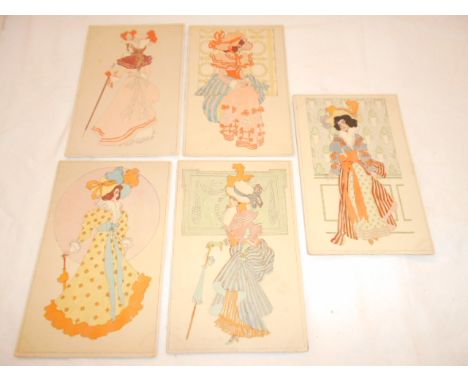 Five Art Nouveau coloured postcards