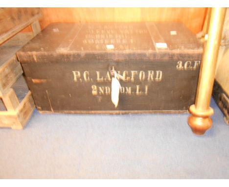 An iron bound painted military trunk inscribed P.C.LANGFORD, 2nd SOM.L.I.3.C.F, 30cm high x 70cm width x 41cm deep