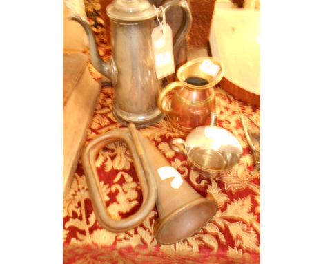 A pewter coffee pot, a copper bugle and a copper jug etc 