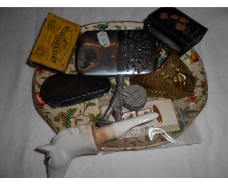 A mixed selection to include Matchbox cover, lighter, cuff-links, ceramic horse head etc