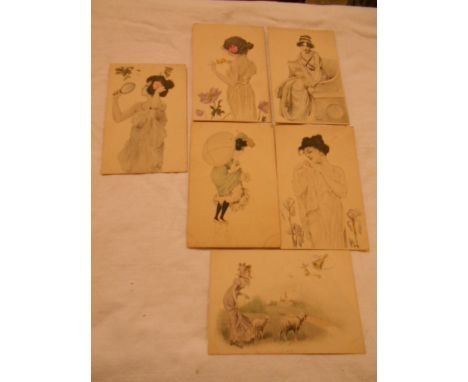 Six Art Nouveau early coloured postcards of female figures 