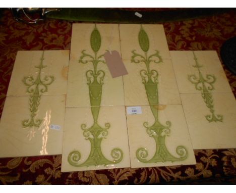 Ten Victorian tiles in green and cream Art Nouveau design