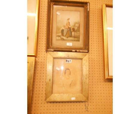 A 19thC chromolithograph of a lady and child gathering water, along with a portrait of a lady (A/F)