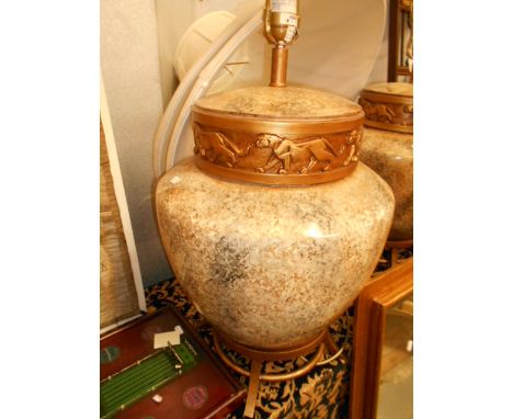 A large pair of painted pottery lamps with prowling big cat collars resting on footed bases by Fine Art Lamps of Florida, wit
