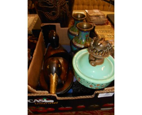 A pair of duck bookends, an oil lamp and a sugar caster etc 