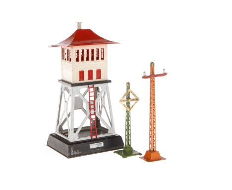 3 Teile Lionel, Stellwerk, Telegraph und Schild, Alterungsspuren, H 30, 21 und 16,5, Z 3