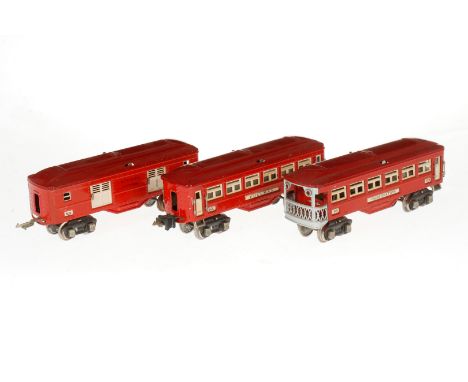 Lionel 3-teiliger amerikanischer Zug, Spur 0, mit Pullmann Wagen Nr. 600, Observation Car Nr. 601 und Packwagen Nr. 602, mit 