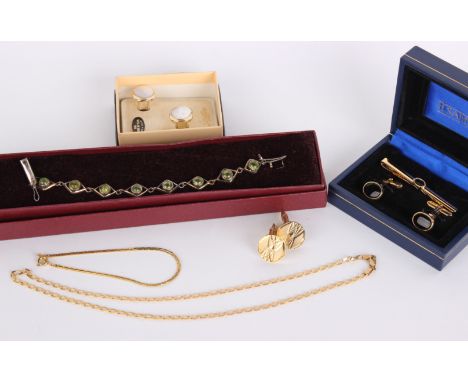 A 9ct gold flat chain link necklace, 5.7g, a gold coloured chain bracelet, a pair of mother of pearl cuff-links, a pair of go