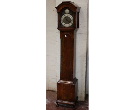 A 20th Century mahogany grandmother clock with a silvered Roman numeral dial 'Tempus Fugit' four strike
