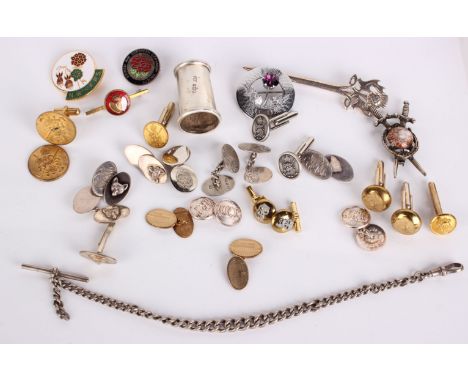 A selection of silver cufflinks, rolled gold cufflinks, buttons, silver cruet badges, watch chain, hunting cufflinks etc