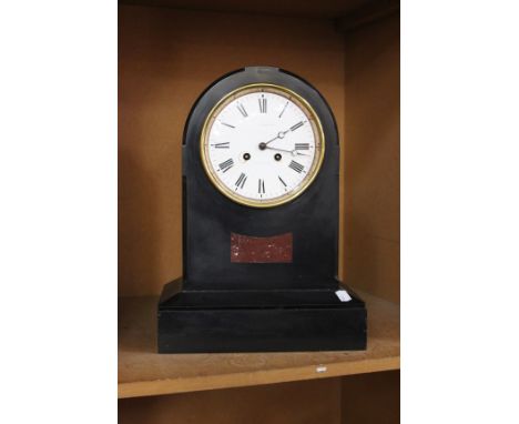 A black slate mantel clock, enamel Roman numeral dial 