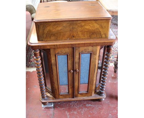 A Victorian walnut restaurant reception stand with a fold over desk over mirrored pull back doors and bobbin turned columns 9