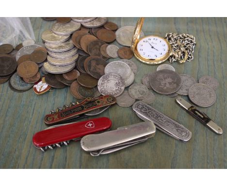 An Adolphus Busch pocket knife, other pen knives, enamel badge and coins 